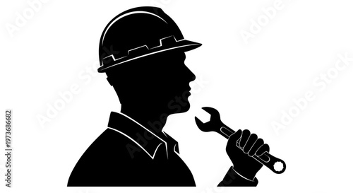 industrial worker in a hard hat holding a wrench a silhouette illustrating engineering construction and service solutions.