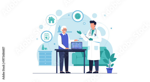 Doctor consulting elderly patient at home, healthcare and medical checkup concept