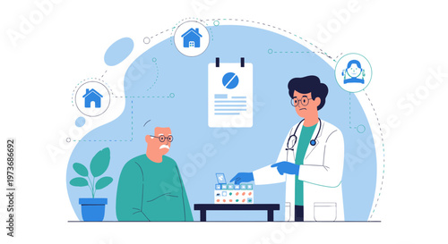 Doctor consulting elderly patient, discussing medication and healthcare at home