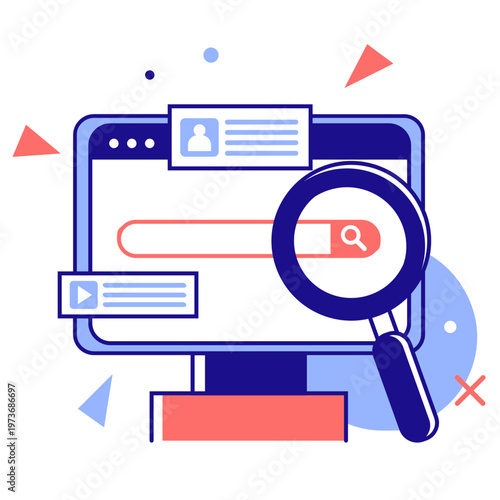 Flat vector illustration of a computer monitor displaying a search bar magnified by a large blue lens for digital exploration.