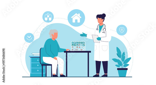Doctor consulting elderly patient, discussing health, medical icons, home care concept