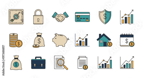 Financial Security Icons Set Safe Lock Handshake Credit Card Money House Calendar