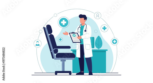 Doctor consulting patient in examination room with medical equipment and icons