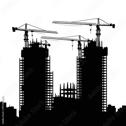 construction site silhouette showing building development with tower cranes actively working symbolizing urban growth and progress