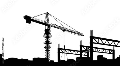 silhouette of a busy construction site with a tower crane actively lifting a beam for new building construction and urban development.