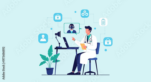 Doctor consulting patient online via video call, telemedicine, healthcare technology concept