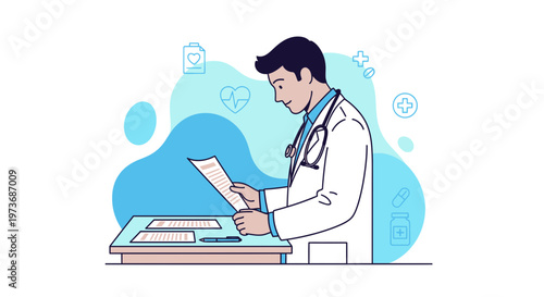 Doctor reviewing medical documents at desk with healthcare icons in background