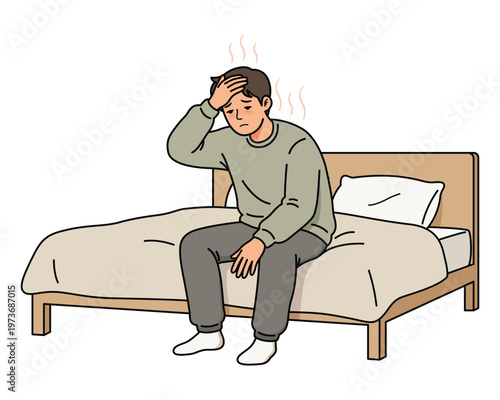 Sick Man Sitting on Bed Feeling Fever and Headache Illustration