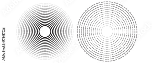 Black concentric circle set. Sonar or sound wave ring collection. Dotted and linear epicentre, target, radar icon concept. Ripple radial signal or vibration elements. Vector line and halftone symbols