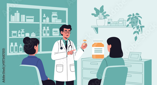 Doctor showing medicine bottle to patients in clinic consultation room