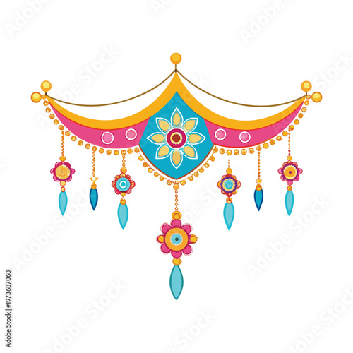 Exquisite Festive Border Decoration with Ornate Floral Accents and Dangling Charms Vector Illustration