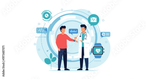 Doctor showing smartwatch to patient, digital health monitoring and telemedicine concept