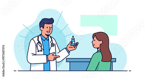 Doctor shows medicine bottle to patient in clinic, healthcare consultation concept