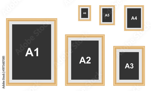 paper size a1, a2, a3, a4, a5, a6 with wooden frame border, vector illustration isolated on white background.