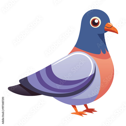 Adorable cartoon pigeon graphic standing isolated on white, showcasing a friendly urban bird character with colorful plumage