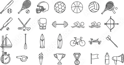 Comprehensive collection of black line sports icons featuring equipment for baseball soccer tennis swimming cycling and championship trophies vector
