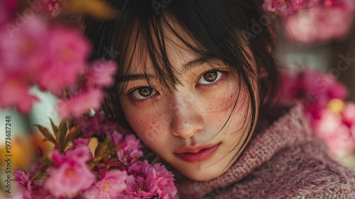 Vintage-style collage featuring multiple angles of a beautiful adult Korean woman laughing naturally in soft outdoor light. The composition blends side profiles and candid expressions with a dreamy bo