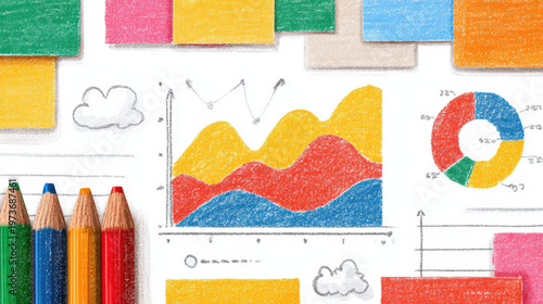Colorful graph chart pencil sketch business data crayon style drawing playful report creative analytics dashboard concept