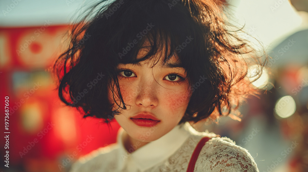 Fototapeta premium Vintage-style collage featuring multiple angles of a beautiful adult Korean woman laughing naturally in soft outdoor light. The composition blends side profiles and candid expressions with a dreamy bo