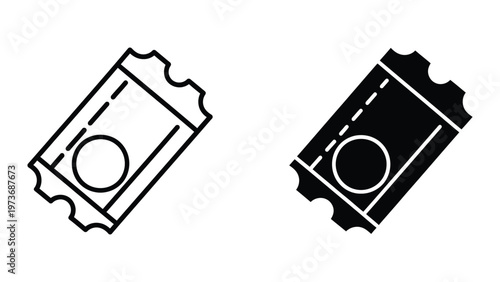 Contrast of a simple outline and filled ticket stub designs with perforated edges.