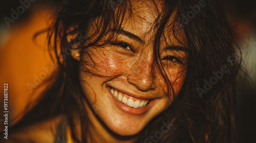 Vintage-style collage featuring multiple angles of a beautiful adult Korean woman laughing naturally in soft outdoor light. The composition blends side profiles and candid expressions with a dreamy bo
