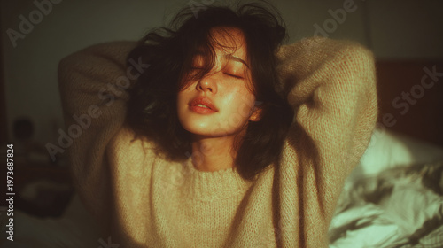 Vintage-style collage featuring multiple angles of a beautiful adult Korean woman laughing naturally in soft outdoor light. The composition blends side profiles and candid expressions with a dreamy bo