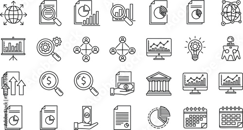 Large collection of black line icons featuring business data analytics financial reports market research and global banking statistics vector