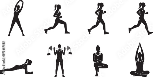 Fitness Woman Silhouette Set, Yoga Running and Gym Workout Icons