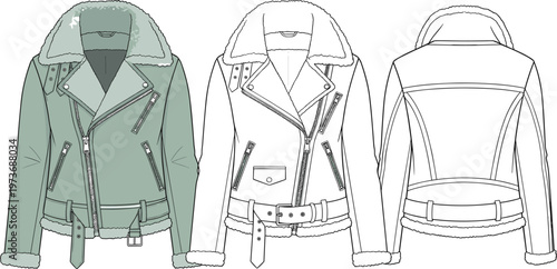Women leather jacket technical drawing, fashion apparel vector illustration, front and back views, shearling collar design, stylish outerwear blueprint, clothing design template, black and white