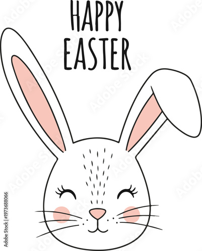 Cute Hand-Drawn Easter Bunny Face Illustration with Happy Easter Text