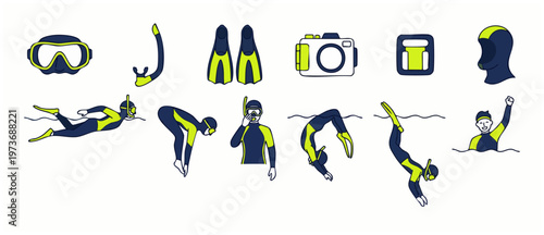 Snorkeling equipment and swimmer icons set. Underwater diving gear, flippers, mask, snorkel, and people swimming in ocean. Flat vector illustrations for summer travel, aquatic sports, and marine leisu