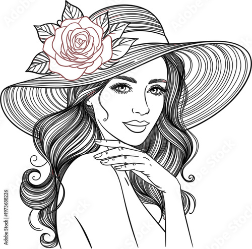 Woman with Wide Brimmed Hat and Rose in Black and White Line