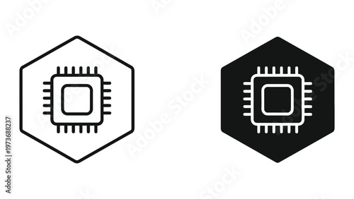 Hexagonal icons representing microprocessors in contrasting color schemes.