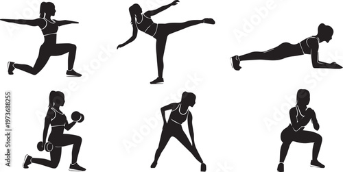 Fitness Woman Silhouettes, Gym Exercise and Yoga Poses Set