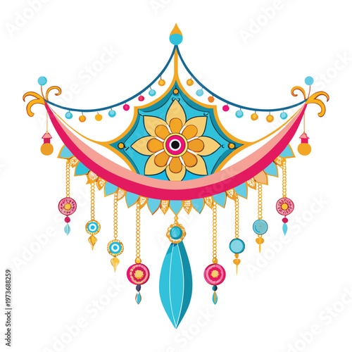 Richly detailed illustrative festive ornament featuring symmetrical design, colorful beads, and ornate floral motifs