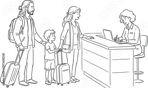 Family check in at hotel reception illustration travelers with luggage hospitality service tourism concept line art vector design