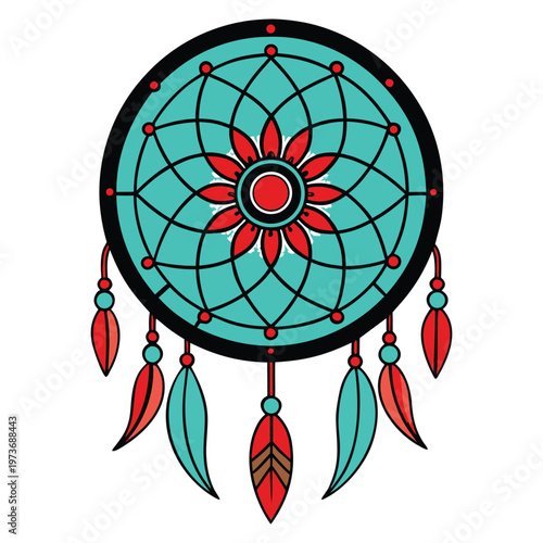 Intricate spiritual dreamcatcher illustration with vibrant tribal patterns and decorative feathers, ideal for bohemian and cultural designs