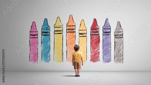 Child crayon drawing color creativity imagination wall art childhood wonder child standing large colorful crayon drawing wall feeling inspired