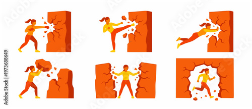 Woman breaking through wall set, concept of overcoming obstacles and success. Female silhouette crushing obstacles, destroying stone barriers, punching, kicking, and running through challenges. Minima