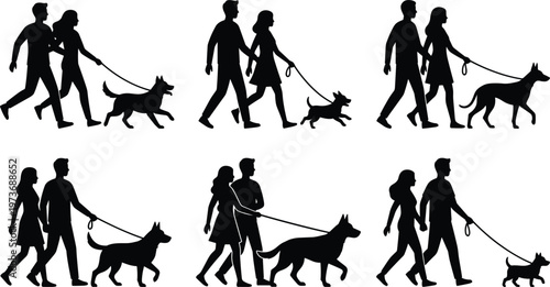 People walking dogs silhouettes set pet owners with different breeds outdoor activity lifestyle vector illustration collection