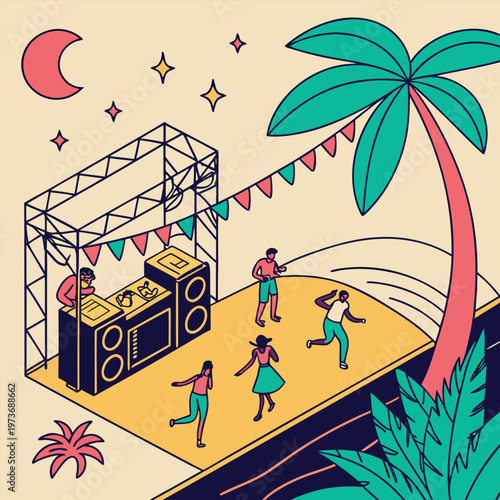 Energetic beach party with DJ, music, and dancing crowd. Ideal for nightlife promotions, summer festivals, and event marketing designs.