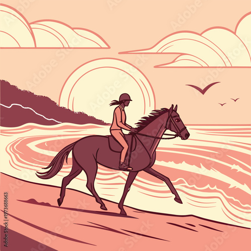 Elegant beach horse riding scene with sunset and ocean waves. Ideal for tourism branding, luxury travel, and lifestyle visuals.
