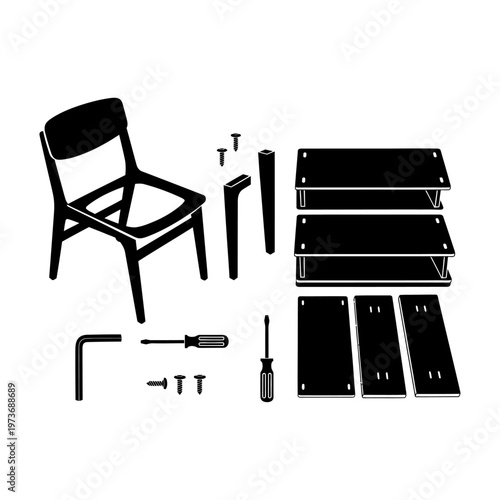 unassembled flat pack furniture assembly kit with chair and shelf components including tools ready for diy home installation.