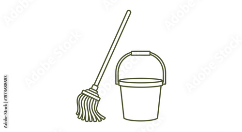 a simple mop and bucket line art illustration representing essential cleaning supplies for domestic work and hygiene