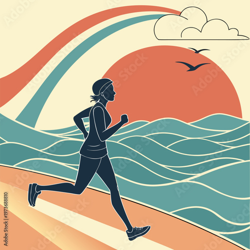 Energizing beach running scene with ocean waves and sunrise atmosphere. Perfect for fitness branding, wellness campaigns, and active lifestyle designs.