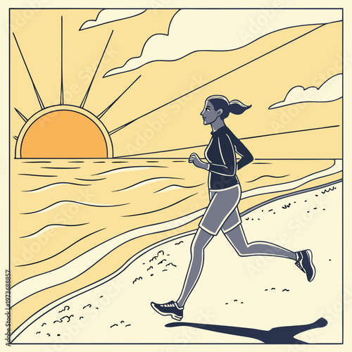 Energetic beach running scene with sunrise atmosphere and ocean waves. Perfect for fitness branding, sports campaigns, and healthy lifestyle designs. Clean vector format ensures flexibility.