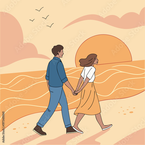 Romantic beach walking scene at sunset with calm ocean waves. Ideal for travel, lifestyle, and emotional storytelling visuals.