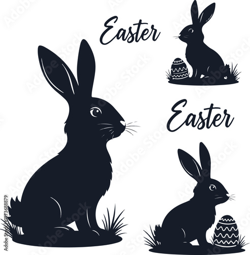 Easter Bunny Silhouette Set with Decorative Eggs and Grass Elements