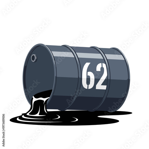 oil spill from a fallen oil barrel leaking black crude oil on a white background symbolizing environmental pollution.