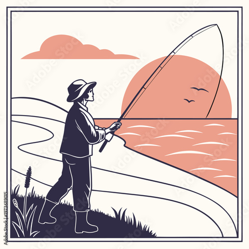 Peaceful shore fishing scene with calm ocean and sunset view. Ideal for outdoor lifestyle, fishing brands, and tourism visuals.